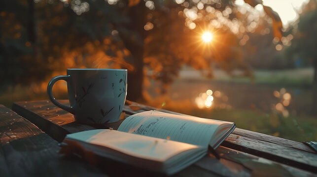 Peaceful Morning Scene with Coffee Cup and Open Book Near Quiet Lake During Sunrise