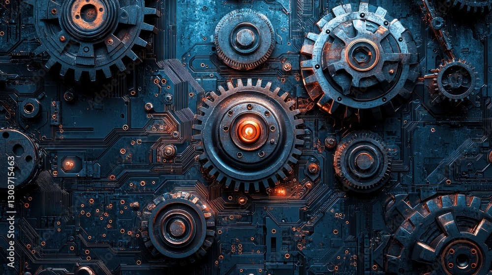 Poster an abstract composition of mechanical gears and circuit boards