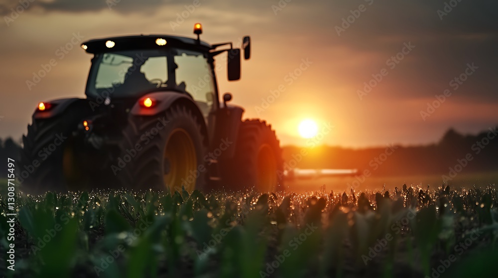 Poster sunset over farm field with tractor working in background at dusk for agriculture and harvesting sce