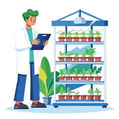 scientist inspecting vertical farming racks vector image on white background 