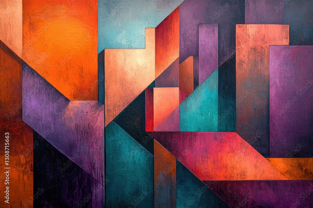 Poster abstract geometric art featuring vibrant hues of orange, purple, teal, and deep reds, creating a dyn