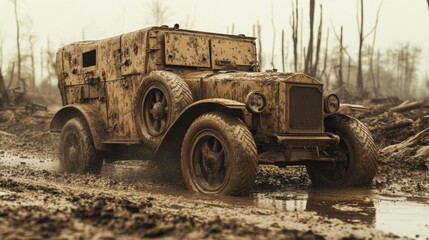 Vintage Military Truck in a Muddy Terrain - obrazy, fototapety, plakaty