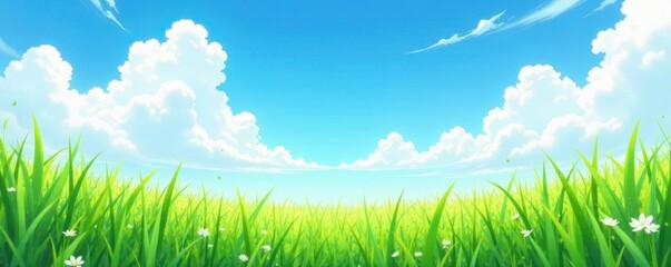 Obraz premium Soft grass sways gently in a light sea breeze under a vibrant blue sky dotted with wispy clouds , white, clouds