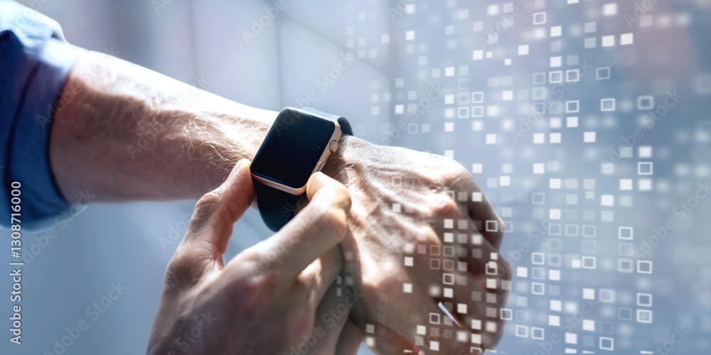 Poster man checking time from his smartwatch