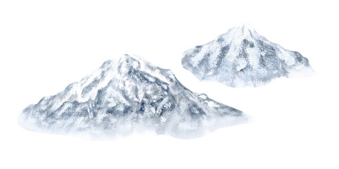 Snow-capped mountain peaks. Watercolor illustration, hand-drawn on isolated background. For decoration, design, printing and polygraphy, advertising and logo