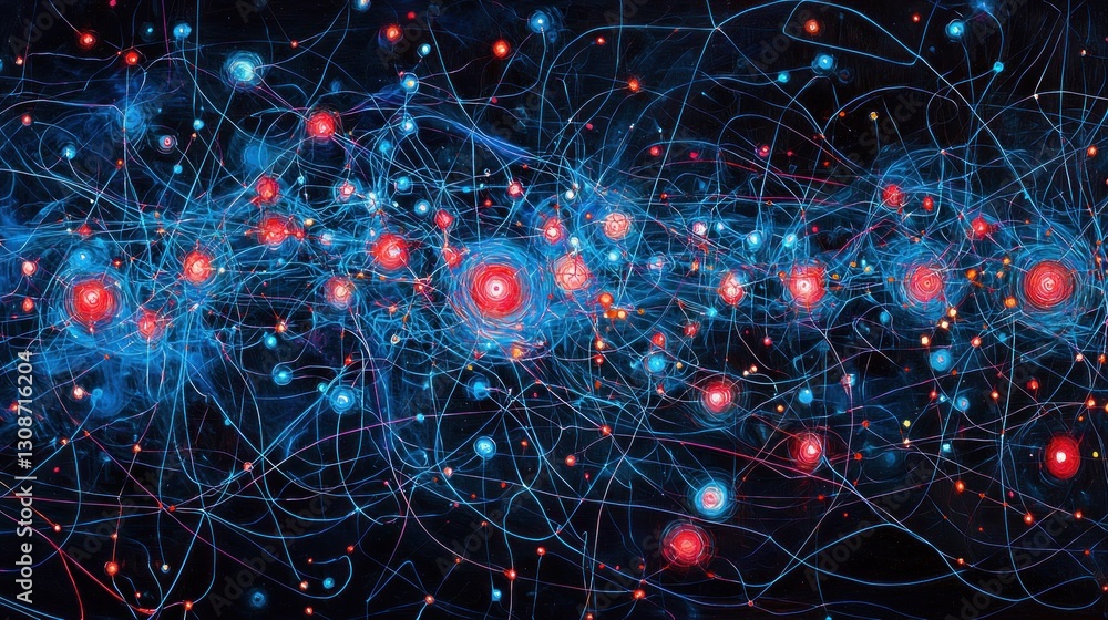 Poster a complex cosmic network of connected lights and strands displayed