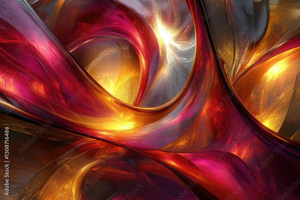 Poster abstract artwork depicting swirling, metallic, crimson and gold forms, creating a sense of depth and