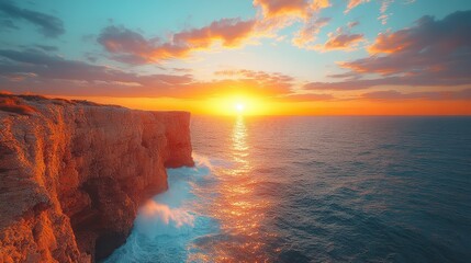 A dramatic cliffside with ocean waves crashing against its base under a vibrant sunset.