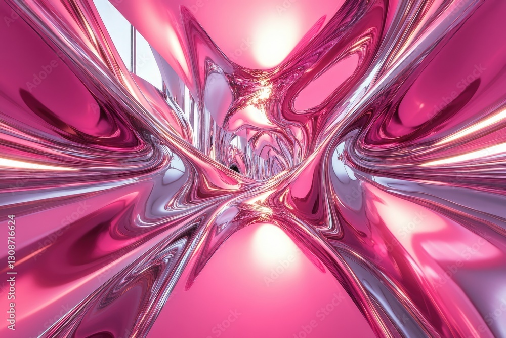 Poster abstract pink and silver metallic fluid forms create a mesmerizing, swirling vortex.