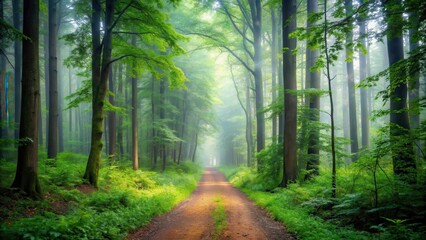 Obraz premium A serene forest path with dense foliage and tall trees surrounding it