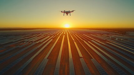 A drone flying above rows of solar panels in an expansive renewable energy farm.