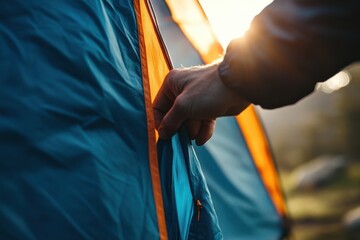 Hand unzipping a tent in a serene outdoor setting during sunset