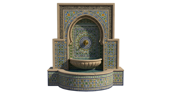 Exquisite Islamic Fountain with Intricate Mosaic Tilework on Transparent
