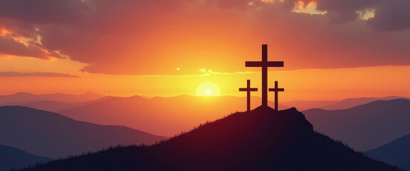 Easter Crosses Illuminated by Sunset over Hills. A sunset with three crosses on top of a hill.