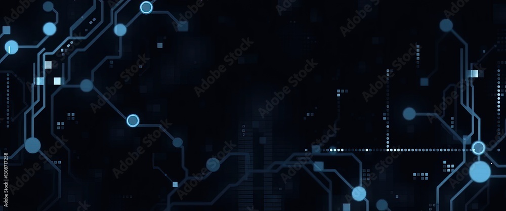 Poster Futuristic dark blue digital network connecting nodes with glowing connections in data circuit board style