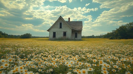 A field of blooming wildflowers surrounding an abandoned farmhouse.