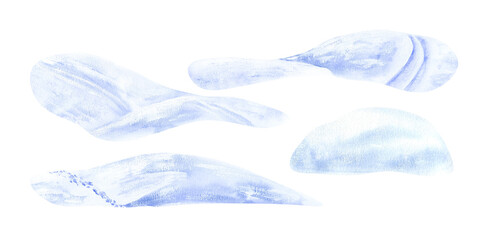 Snow-covered hills, slides, snowdrifts. Ski track, paths, tracks. Part of the landscape-constructor. Watercolor illustration, hand-drawn on the background isolated. For decor, design