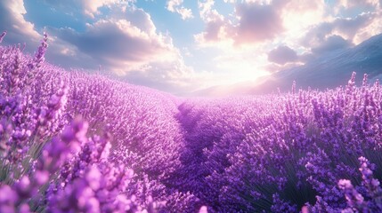 A field of lavender in full bloom under a cloudless sky.