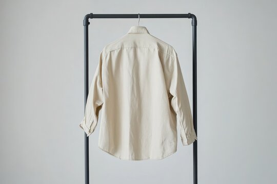 Minimalist beige shirt hanging on a rack against a plain background for styling or fashion display