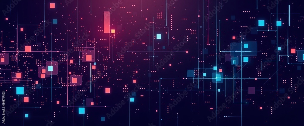 Poster abstract visualization of data streams in blue and red hues depicting interconnected digital networks