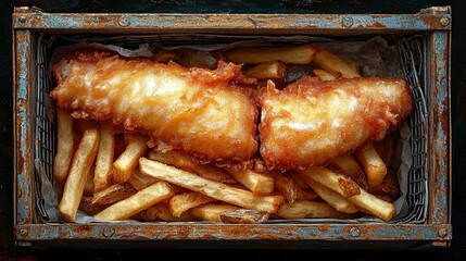 Delicious Fish and Chips Delight A Rustic Culinary Still Life Featuring Crispy Battered Fish and Golden Fries Served in a Weathered Wooden Box, Perfect for Food Photography Enthusiasts and Lovers of
