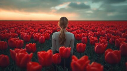 A field of vibrant tulips swaying gently under a cloudy sky.