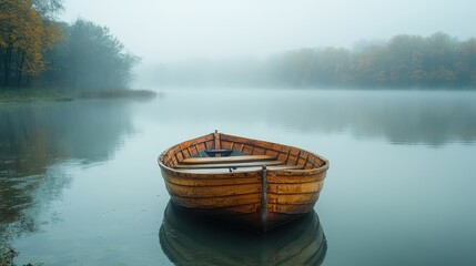 A fishing boat anchored quietly in the morning fog on a serene lake.