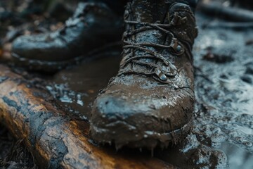 Exploring muddy trails while wearing sturdy boots in a dense forest during a rainy day