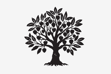 Black silhouette image of olive branches with olives in retro style, vector cartoon illustration isolated on white background