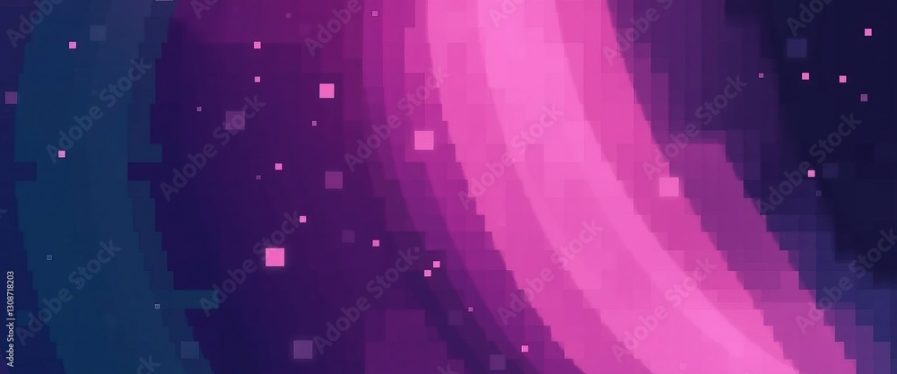 Poster pixelated abstract background featuring gradient waves of vibrant pink purple and blue with square p