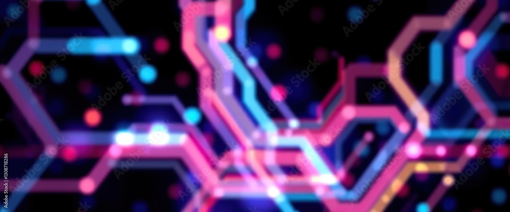 Poster Abstract circuit board design with glowing neon lines and nodes against dark background out of focus