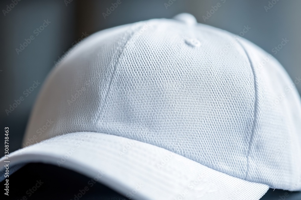 Poster white baseball cap resting on a dark surface with a blurred background in a low-light setting