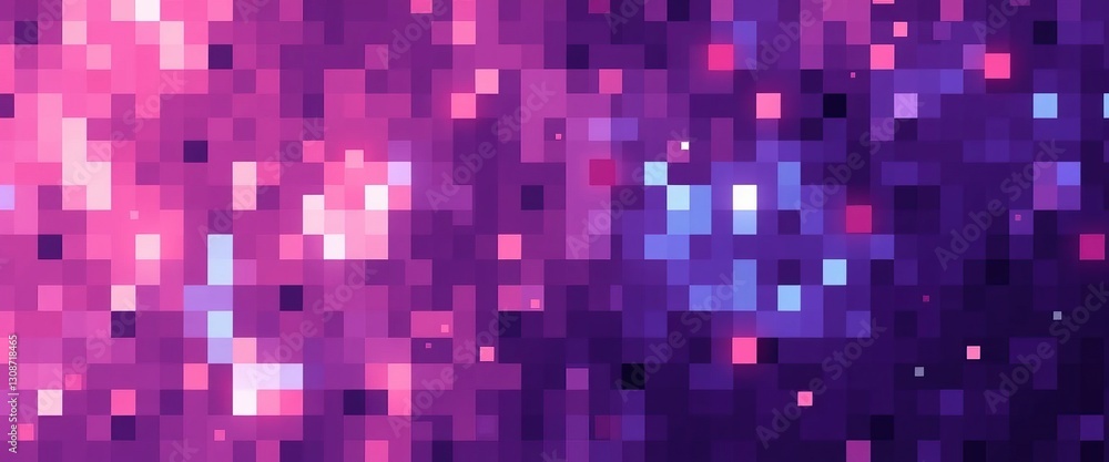 Poster Pixelated display of pink purple and light blue with abstract design of squares to retro vibes