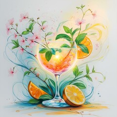 Floral and fruit-infused water with orange juice splash in a decorative spring design