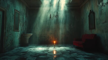 A flickering candle in a dark room casting shadows on the walls.