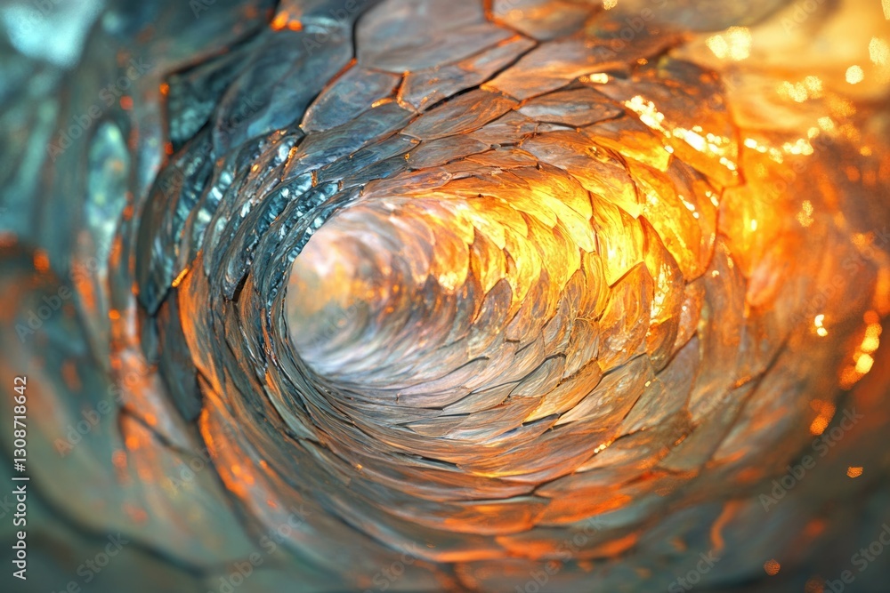 Poster abstract swirling vortex of teal and orange, resembling a fiery tunnel or wave.