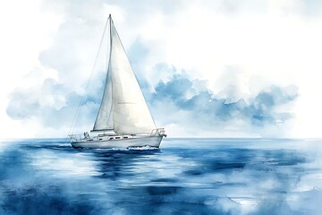 Sailboat Sailing Watercolor Ocean Clouds