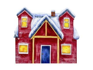 Winter wooden house, light in the windows. Cozy under the snow. Watercolor illustration, hand-drawn on the background isolated. For decor, design, printing and polygraphy, advertising
