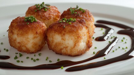 Delicious Fried Goat Cheese Balls with Balsamic Glaze, a Culinary Delight and Appetizing Starter for Fine Dining Experiences Crispy Exterior and Creamy Interior in a Gourmet Presentation, Perfect for
