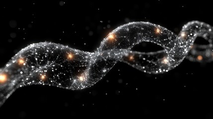 A futuristic DNA strand with glowing, twisting nodes on a black backdrop.