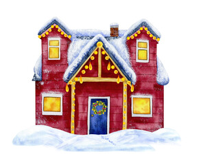 Winter holiday wooden house. Cozy under the snow. Decorated with garland lights. Watercolor illustration, hand-drawn on isolated background. For decor, design, printing and polygraphy