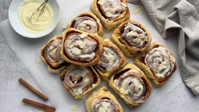 Delicious cinnamon rolls with cream cheese frosting and almond flakes