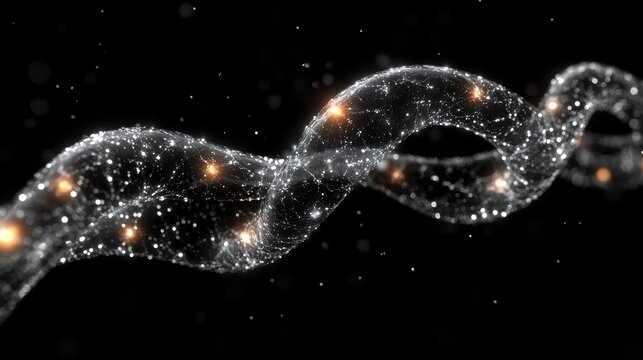A futuristic DNA strand with glowing, twisting nodes on a black backdrop. - Powered by Adobe