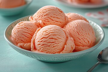 Peach ice cream served in a decorative bowl on a turquoise table ready to be enjoyed any time of day