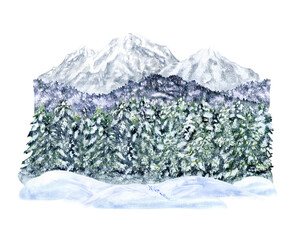 Winter mountain landscape. Peaks and forest in snow. Watercolor illustration, hand-drawn on isolated background. For decor, design, printing and polygraphy, advertising