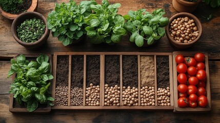 A gardening set on a wooden table, with soil, seeds, and gardening tools.