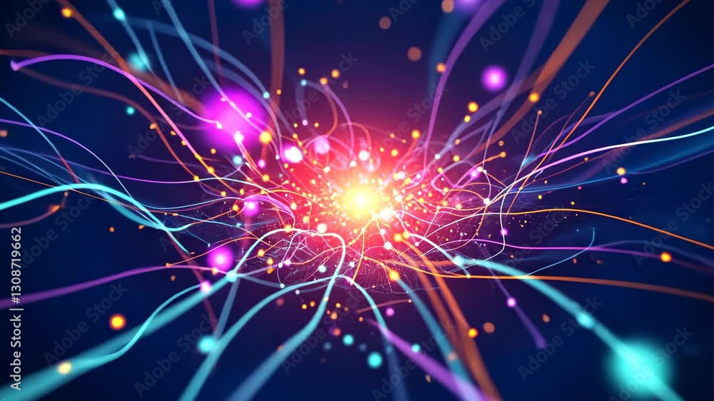 Aufkleber an abstract representation of an energetic explosion of light and interconnected data streams.