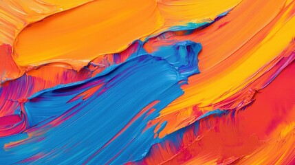 Colorful abstract painting with bright orange blue and yellow hues blending together creating vibrant texture and depth