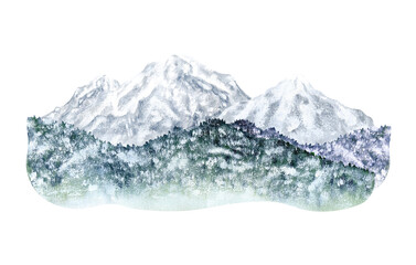 Winter mountain landscape. Peaks and forest in snow. Watercolor illustration, hand-drawn on isolated background. For decor, design, printing and polygraphy, advertising