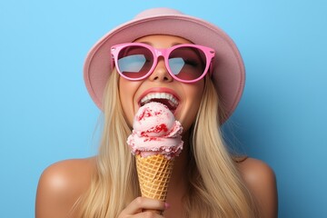 Enjoying ice cream with pink sunglasses and a stylish hat during a sunny day